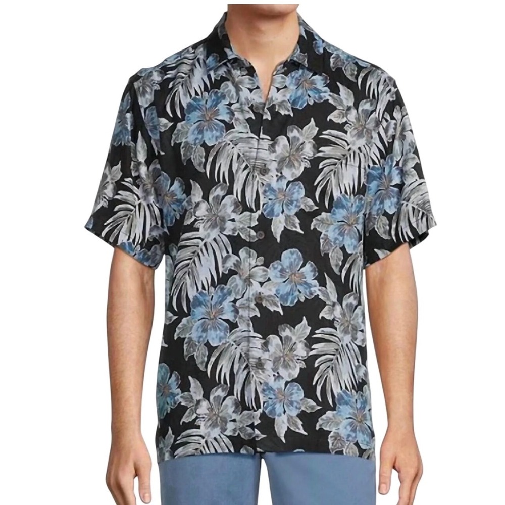 Tommy Bahama Mens XXL Silk Blend Tropical Hibiscus Floral Camp Shirt Black Blue‎